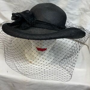 Vintage Georgi Elegant Black Women's straw Hat with Veil made in the USA